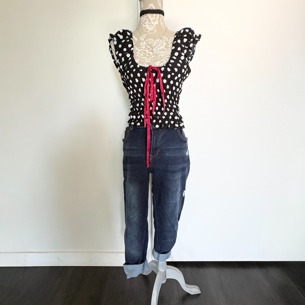 Black White Polka Dot Smocked Off Shoulder Crop Top Sz XS-S - Picture 7 of 7